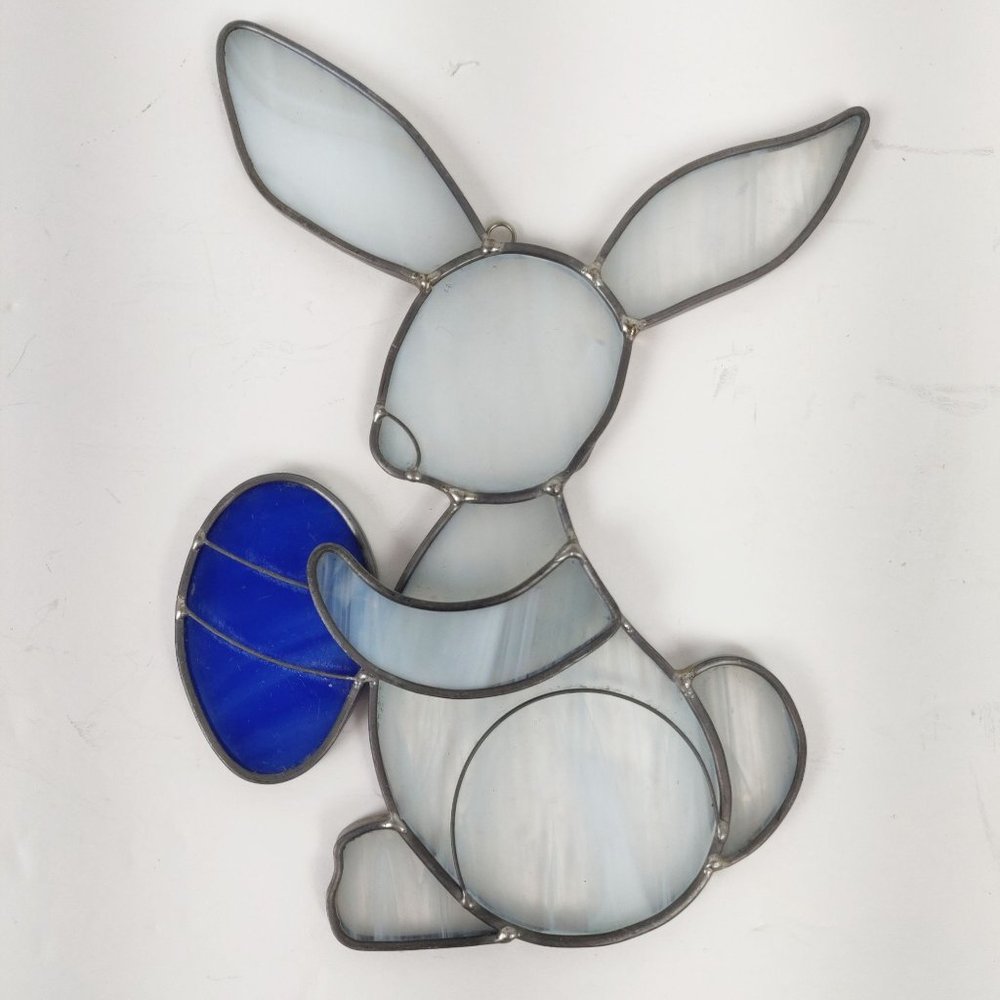 Vintage Stained Glass White Bunny Sun Catcher Rabbit Holding Blue Egg Hand Craft